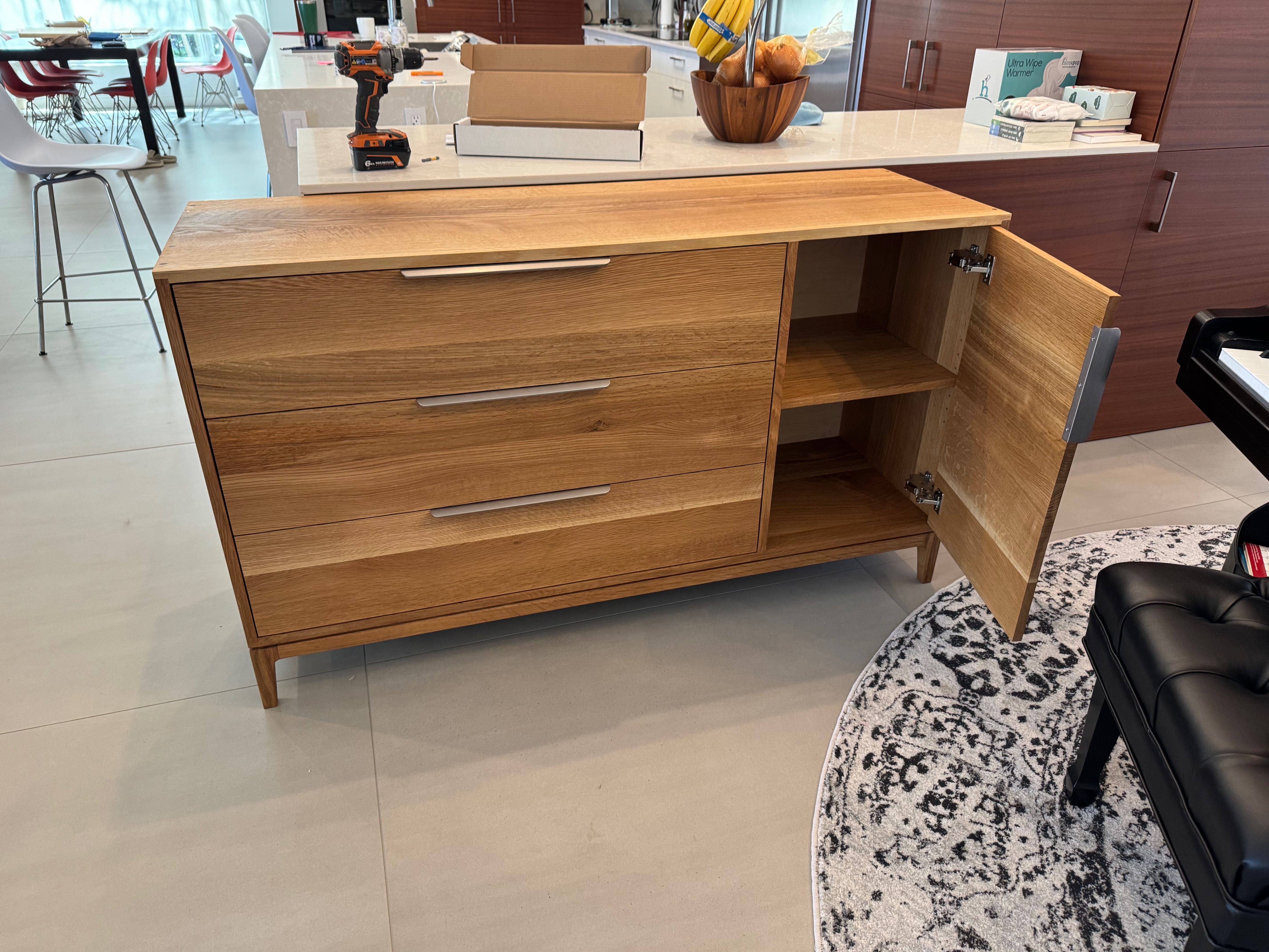 White oak dresser — door open showing interior